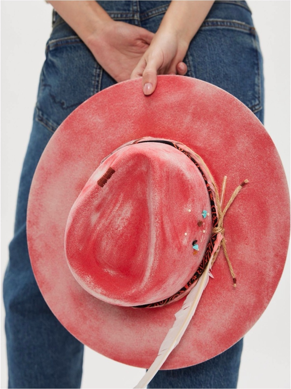 Free People Coral-Pink Distressed Felt Fedora with Feather Trim